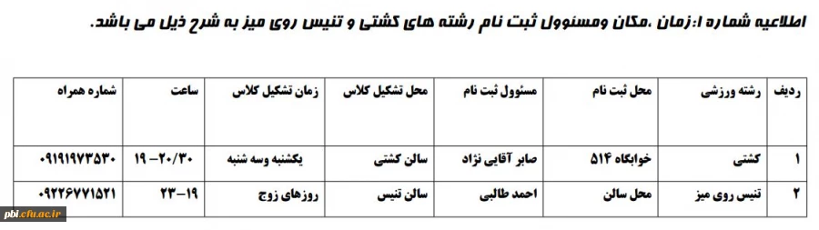 ثبت نام رشته های کشتی و تنیس روی میز
