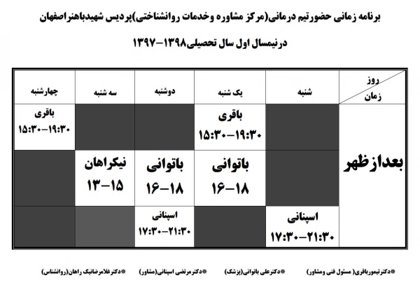 برنامه زمانی حضور روانشناسان و پزشکان کلینیک پردیس شهید باهنر 2