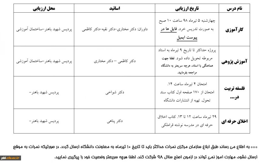 قابل توجه مهارت آموزان ماده 28 ورودی 95: برنامه زمانبندی  امتحانات و ارزیابی دروس فاقد نمره در پودمان دوم 2