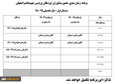 قابل توجه دانشجویان عزیز جهت استفاده از مشاوره و پزشک

برنامه زمانبندی حضور پزشکان و مشاوران  درمرکز مشاوره
