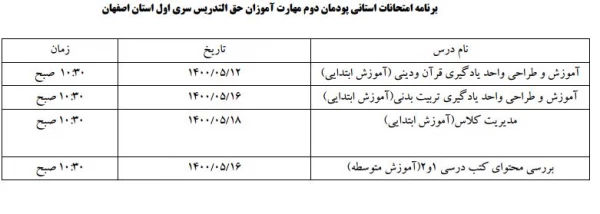 برنامه امتحانات استانی پودمان دوم مهارت آموزان حق التدریس سری اول استان اصفهان 2